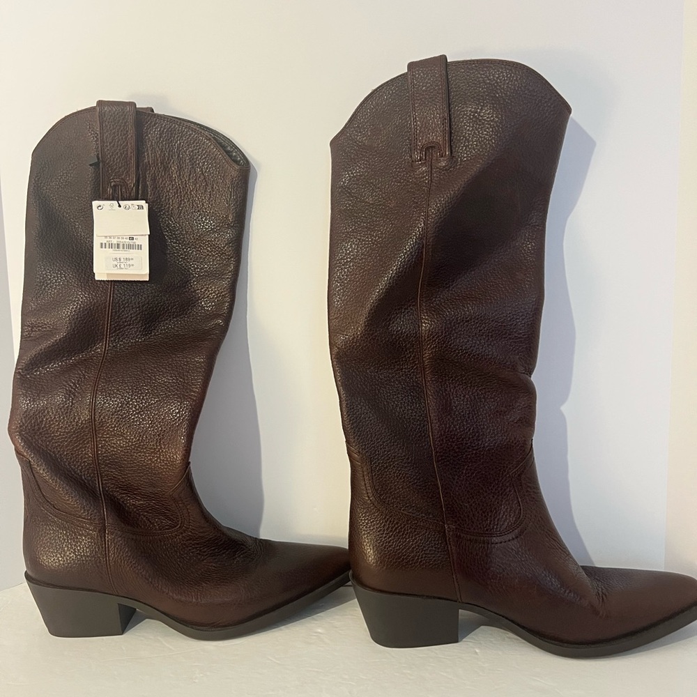 ZARA Leather Tall Pull-on Cowboy Boots. Size 10. New - Picture 12 of 16